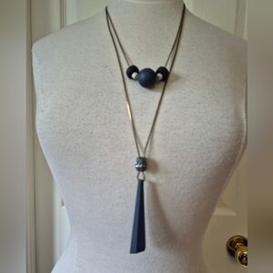 Black and Silver Layered Necklace Set with Beads and Tassel